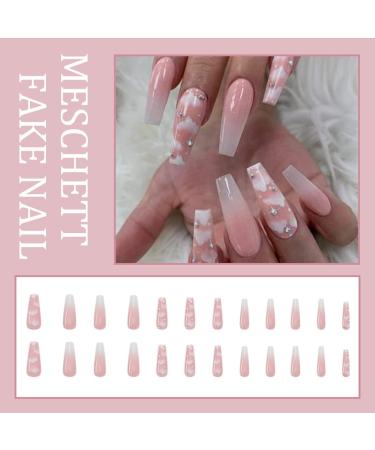 Gradient Pink Cloud Rhinestone Long Coffin False Nails - 24PCS Full Cover Press on Nails for Party, Prom, Women Style - Shop Now! - Buy Online on SooperMarket.com