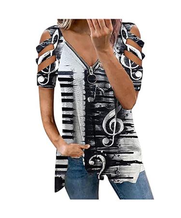 V-Neck Zipper Tops for Women,Ladies V-neck Low-Cut Zipper Print Off-The-Shoulder Short SleeVed T-shirt Top