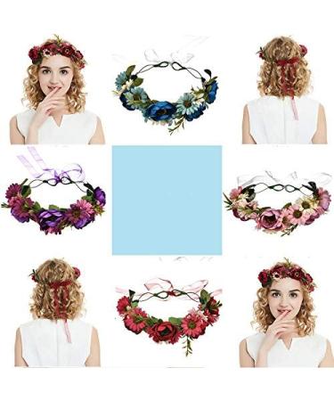 Floral Crown Headband Bride Flower Wreath Crown Flower Garland Headband Hair Wreath Hair Garland Boho Floral Headpiece with Ribbon Rose Flower Bohemian Hair Accessories for Wedding Party Festival Blue - Buy Online on SooperMarket.com