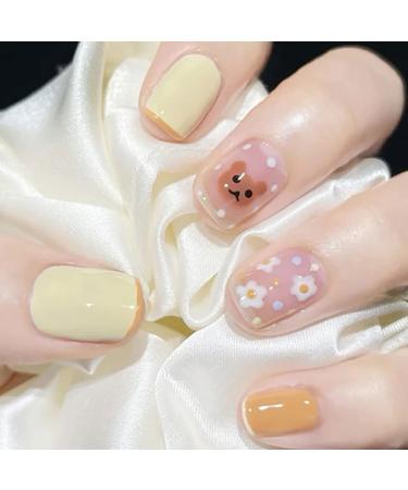 RikView Press on Nails Short Fake Nails Yellow Nails with Bear & Flower Glossy Square Press on Nails for Women