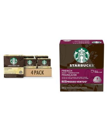 STARBUCKS Veranda Blend for Nespresso Vertuo Blonde Roast Coffee Pods 8 K-Cup Capsules Pack of 4 & French Roast For NESPRESSO VERTUO Dark Roast Notes of Dark Caramel & Sweet Smoke Coffee + Roast Veranda 1 count (Pack of 4)
