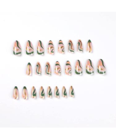 Justotry 24 Pcs Wavy Almond Short False Nails - Gold and Teal French Press On Nails | Trendy Fake Nails with Nail Glue | Nude Oval Medium Stick On Nails for Women - Buy Online on SooperMarket.com