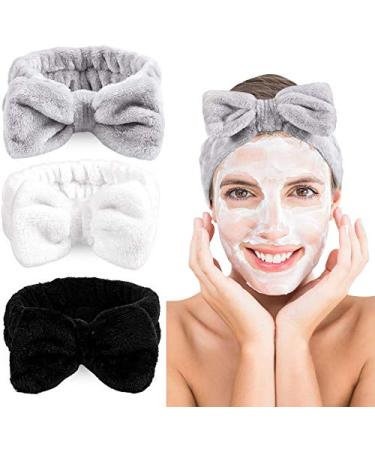 Queta 3 Pack Bowtie Headbands Soft Makeup Headbands Microfiber Bow Cosmetic Shower Headbands Wash Spa Yoga Sports Bow Hair Band for Girls and Women(White Gray Black)