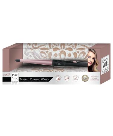 Pure Silk Tapered .75 -1.25 Inch Barrel Curling Iron Wand for Woman Salon Quality Tourmaline Ceramic Coated Plates Hair Waver Under 60 Second Fast Heating Hair Crimper Tool 6 Foot Swivel Cord