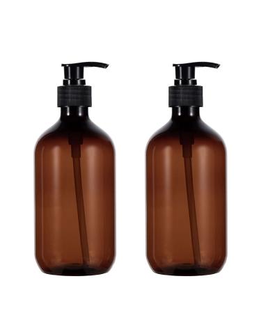 sdoot Shampoo Bottles with Pump, 17oz Refillable Amber Plastic Pump Dispenser Bottle for Soap Shampoo Conditioner, 2 Pack 500ml Brown