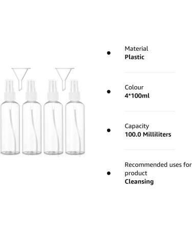 Hanyousheng Spray Bottle Plastic Refillable Spray Bottle 4 PCS 100ml/3.38oz Atomiser Spray Bottle Transparent Fine Mist Spray Bottle Spray Bottle Set for Cleaning Perfume with 2 Pieces Funnel 4*100ml - Buy Online on SooperMarket.com