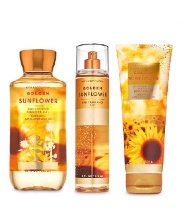 Bath and Body Works Golden Sunflower Body Care Set. Shower Gel 10 Fl Oz  Fine Fragrance Mist 8 Fl Oz and Body Cream 8 Fl Oz.