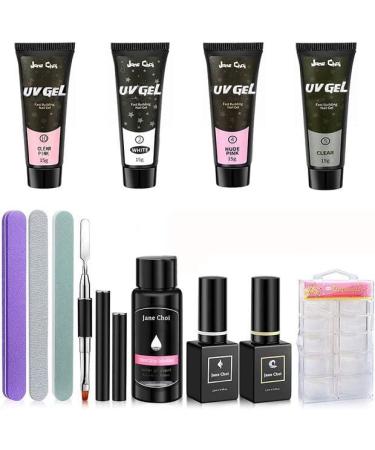 Nails Extension Gel Kit 4 Colors Nails Gel Kit (White Clear Clear Pink Nude Pink) Professional UV Gel Nail Builder Nail Art Tools Set with Top Coat Base Coat Slip Solution Nail Tips etc
