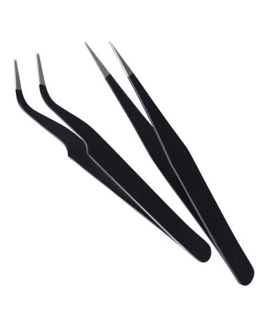 Supernine Stainless Steel Straight Curved Nail Art Rhinestone Studs DIY Precision Tips Tweezers Black