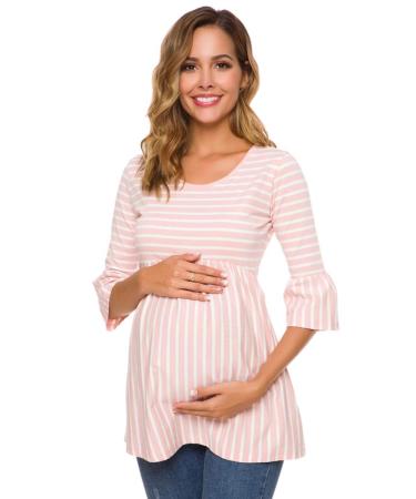 Love2Mi Women Maternity Blouse A Line Pregnancy Shirt 3/4 Bell-Sleeve Striped Maternity Clothes L Pink Stripe