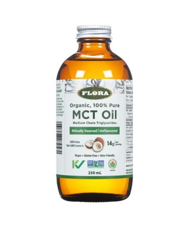 FLORA - MCT Oil Energy Boost Keto-Friendly 100% From Ethically and Sustainably Sourced Non-GMO Coconuts Caprylic and Capric Acid 250 mL Liquid Glass Bottle