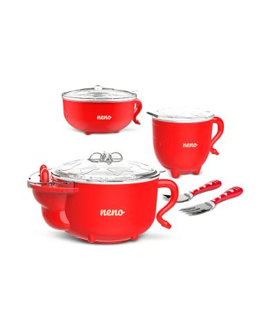 Neno Set Thermal Children's Tears Baby Fearing Containers Babyl Spots Baby fork 200ml bottle of silicone small bowl large bowl Non -slip suction cup (Mucca Red Color)