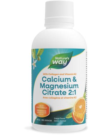 Nature's Way Calcium and Magnesium Citrate 2:1 - Liquid Supplement with Vitamin D3 Vitamin K2 and Collagen Helps Support the Maintenance of Bones and Teeth Orange Flavour 500 mL