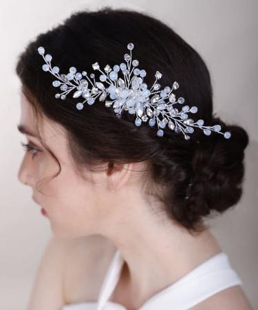 Chargances Bridal Crystal Hair Comb Wedding Blue Beaded Gemstone Hair Side Comb Fashion Flower Headband Headpieces Wedding Prom Flower Girl Hair Accessories for Women and Girls (Silver)