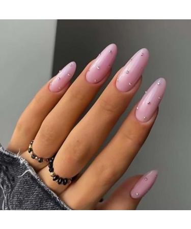 RikView Almond Press on Nails Long Stick on Nails with Rhinestones Purple Fake Nails for Women and Girls