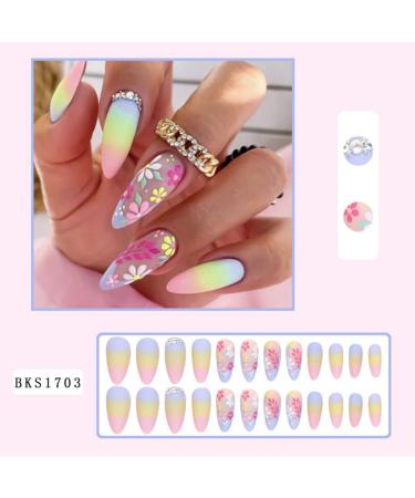 Aflytep Diamond French Wearable Nails Wearable Press on Nails Full Cover Nail Tips Rainbow Small Flower Sticker False Nail Tips - Buy Online on SooperMarket.com