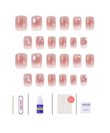 24PCS Press on Nails Short Glue on Nail for Women Shiny French False Nails Fake Nails False Nail with Glue for Girl Nail Art