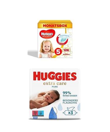 Bundle of Huggies Ultra Comfort Babywindeln Size 5 (11 25 kg) 126 pieces + Huggies Pure Extra Care Baby humidity towels for the whole body 99% pure water perfume-free 3 x 56 cloths triopack diapers size.5 + wet wipes