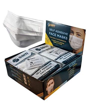 SAM Self Adhesive Masks - 50 Individually Wrapped 3 Ply Guest Face Coverings with Wet Wipe