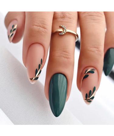 Deep green press on nails medium almond shape kxamelie natural acrylic nails glitter sequin full cover glossy fake nails designed press-on 24pcs