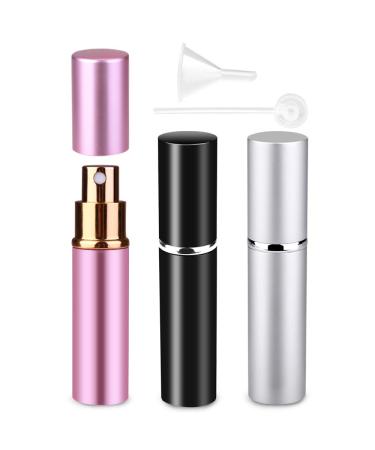 Zingo 3 pieces 10ml perfume dusty Refillable travel mini portable empty spray bottle aluminum pocket caterpillar perfume atomizer bottles with funnel and pipette 10ml (black + pink + silver)