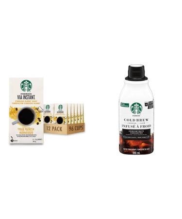 Starbucks Via Instant True North Blend (Pack of 12) True North 96 count & Cold Brew Coffee Concentrate Signature Black 946 milliliters