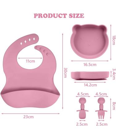 Vicloon Baby Weaning Set - 4 Pcs Silicone Feeding Set | BPA Free Suction Plate, Bib, Spoon & Fork | Toddlers & Kids Plates | Pink Bear Design - Buy Online on SooperMarket.com