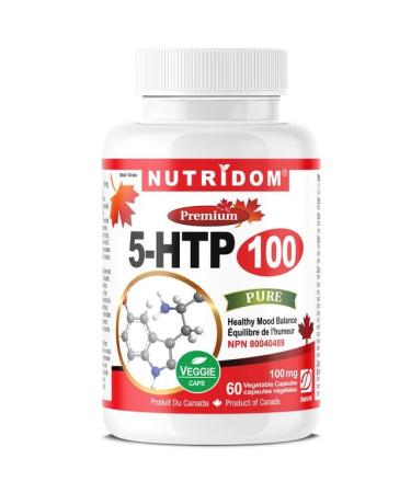 Nutridom 5-HTP 100mg 5-Hydroxy-L-tryptophan Supplement Supports Healthy Mood Balance Non-GMO Vegan Gluten-Free (60 Veggie capsules)