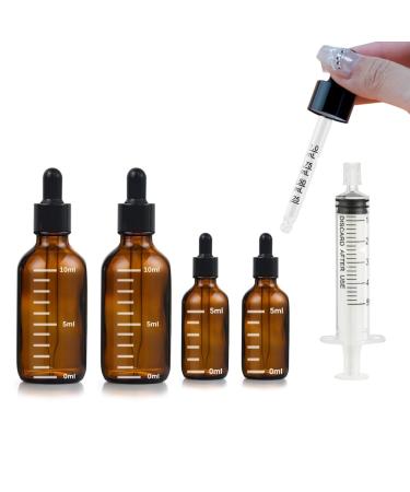 Dropper Bottles 0.1&0.3 oz with 5ml Syringe Extract Tool 5ml & 10ml Thick Dark Amber Glass Tincture Bottles with Eye Droppers-Leakproof Essential Oils Small Bottles with Scale Lines