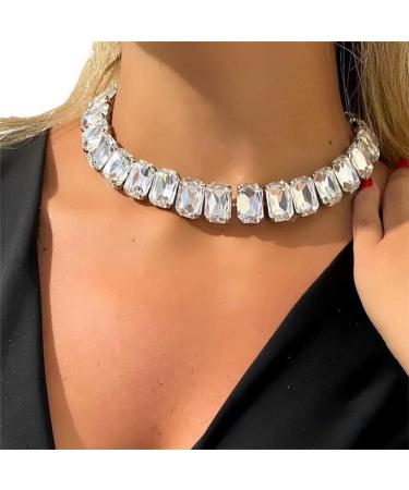 YERTTER Elegant Full Silver Clear Rhinestone Choker Chunky Chain Luxury Rhinestone Collar Statement Clavicle Choker Necklace Adjustable for Party Music Bar Women Girls (Clear)