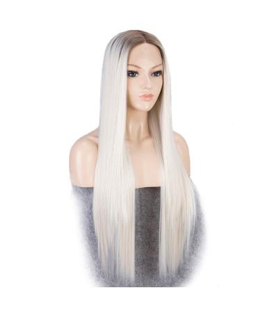SHIYID Platinum Wig Synthetic Lace Front Wig Blonde Hair Brown Roots Wigs for Women White Long Silky Straight Heat