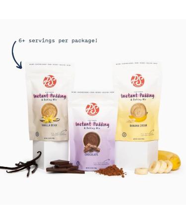 P.S. Snacks Instant Pudding & Baking Mix - Variety Pack (Vanilla Bean, Chocolate, Banana Cream) | Plant Based, Gluten Free, Dairy Free, Vegan | 70% Less Sugar | 4.9 oz (Pack of 3) - Buy Online on SooperMarket.com