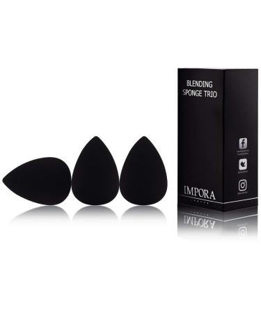Beauty Makeup Blender/Foundation Sponge Trio Set by Impora London. Original Teardrop/Egg Shape. Vegan Latex Free. For use with Liquids Concealer and Cream Make up 3 Sponges Black