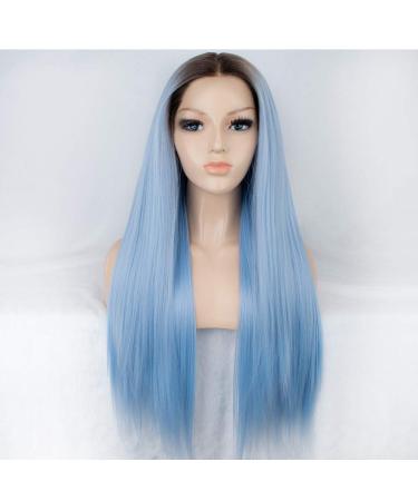 SHIYID Blue Wig for Women | Synthetic Lace Front Wig with Brown Roots | Long Straight Light Blue Hair - Buy Online on SooperMarket.com