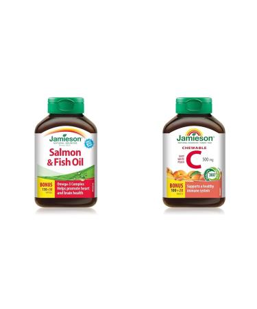 Jamieson Salmon and Fish Oil 1 000 mg & Chewable Vitamin C 500 mg - White Juicy Peach Flavour 120 Count (Pack of 1) SUPPLEMENT + VITAMIN 9221