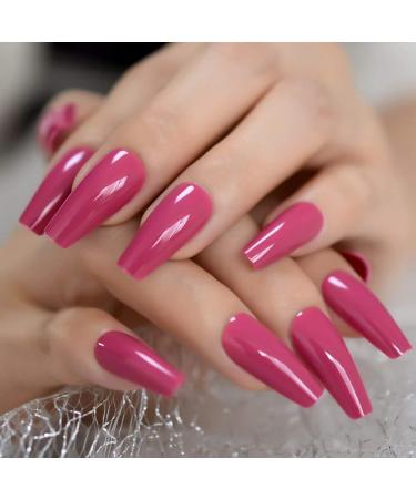 Dark Rose Pink Coffin False Nail Tips - 24pcs Glossy Acrylic Press On UV Fake Nails | Salon-Quality Full Cover with Glue Sticker | L5578 - Buy Online on SooperMarket.com