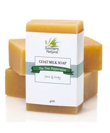 Southern Natural Goat Milk Soap Bar (3 Pack - Tea Tree Peppermint) For Acne Eczema Psoriasis & Dry Sensitive Skin. Natural Soap For Face & Body. Handmade in USA. (Each Bar 4-4.5 oz) Tea Tree Peppermint 3 BARS