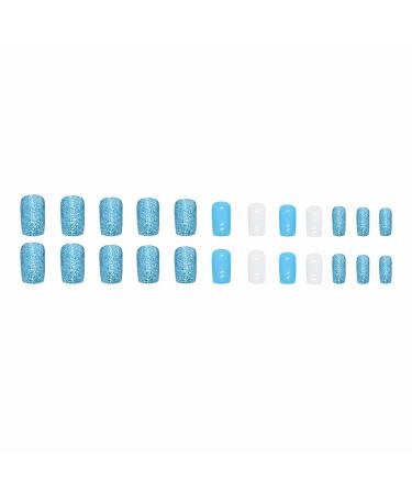 MISUD Short Square Press on Nails - Glossy Summer Blue Acrylic Nails | 24 pcs Squoval DIY False Nails with Bling Glitter Design - Buy Online on SooperMarket.com