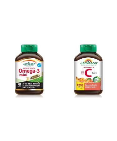 Jamieson No Fishy Aftertaste Extra Strength Omega-3 Mini 200 Count & Chewable Vitamin C 500 mg - White Juicy Peach Flavour 120 Count (Pack of 1) Omega-3 Mini + Vitamin C 500 mg