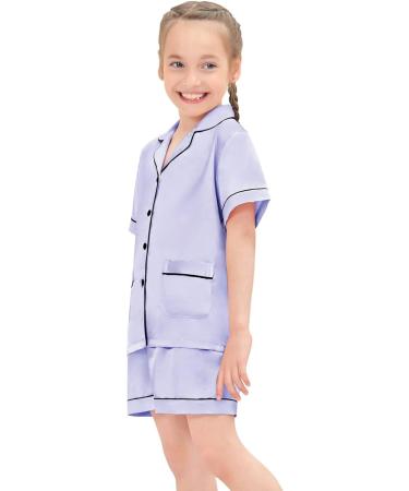 SWOMOG Kids Satin Pyjamas Set | 2 Piece Button-Down Pjs | Short Sleeve Silk Nightwear for Girls Boys | Ages 6-7 | Lavender - Buy Online on SooperMarket.com