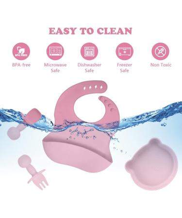 Vicloon Baby Weaning Set - 4 Pcs Silicone Feeding Set | BPA Free Suction Plate, Bib, Spoon & Fork | Toddlers & Kids Plates | Pink Bear Design - Buy Online on SooperMarket.com