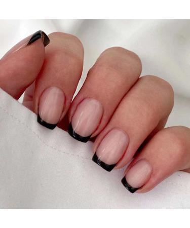 RikView Press on Nails French Tip Nails Oval Nail Tips Glossy Fake Nails False Nails with Design Full Cover Acrylic Nails (Black)