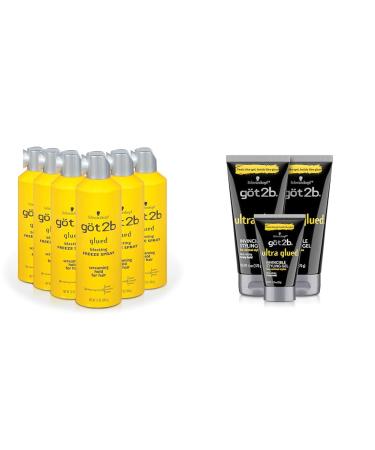 Got2B Glued Blasting Freeze Hairspray Aero 12 Ounce (Pack of 6) & Ultra Glued Invincible Styling Gel 2-6 oz Tubes + 1 Travel 1.25 oz Tube Blasting Freeze Spray 12 Fl Oz (Pack of 6) Hairspray + Styling Gel 2 - 6 oz