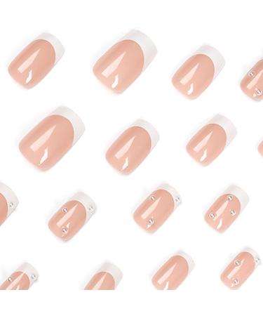 MISUD Glossy Square French Tip Fake Nails - 24Pcs | Pearl Acrylic Designs | White Glue-on False Nails for Women & Girls - Buy Online on SooperMarket.com
