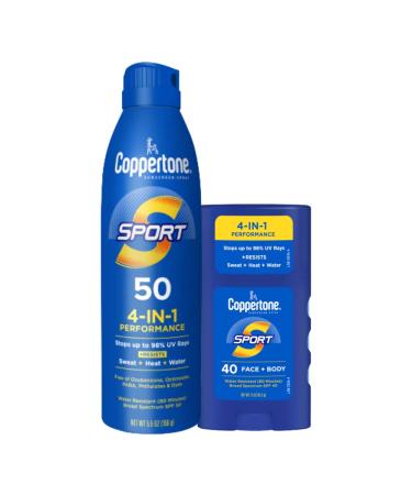 Coppertone Sport Sunscreen Spray  Broad Spectrum SPF 50 Water Resistant Spray Sunscreen  5.5 Oz and Coppertone Sport Sunscreen Stick  SPF 40  1.5 Oz