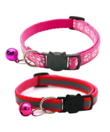 HepplLy 2-Pack Cat Collars Quick Release Reflective Kitten Collar with Bell (Dark Pink)