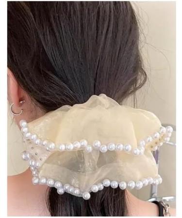 Mytoptrendz Pearl Trim Shimmer Chiffon Organza Scrunchie Ponytail Holdes Elastic Scrunchie Hair Ties Elastic Bobble Dance Bun Decor for Women and Girls (Cream) - Buy Online on SooperMarket.com