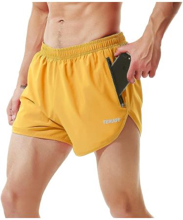 TENJOY Men's 3 Running Shorts Gym Athletic Workout Shorts with Zipper Pocket - Yellow, Small - Buy Online on SooperMarket.com