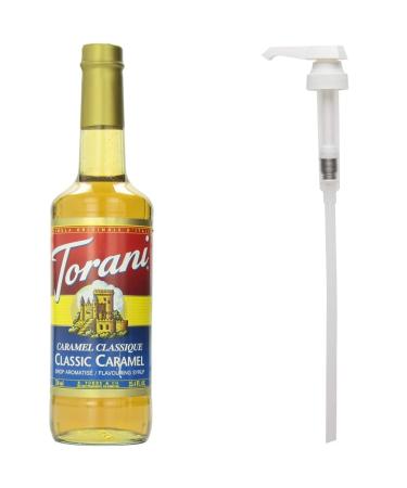 Torani Classic Caramel Syrup 750 milliliters & Flavored Flavour Syrup Pump for 750ml Caramel Syrup + Flavour Syrup Pump 750 ml (Pack of 1)