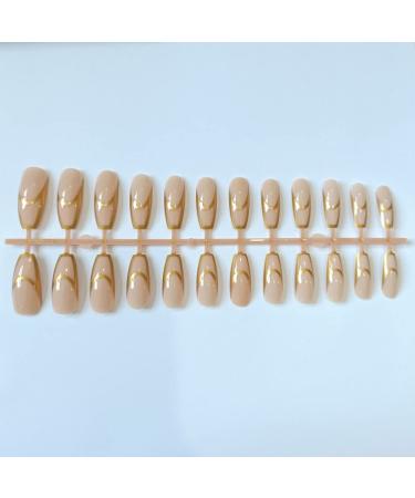 Timmoko Long Square Fake Nails - Exquisite Gold Foil Stripes Design - 24pcs - Buy Online on SooperMarket.com